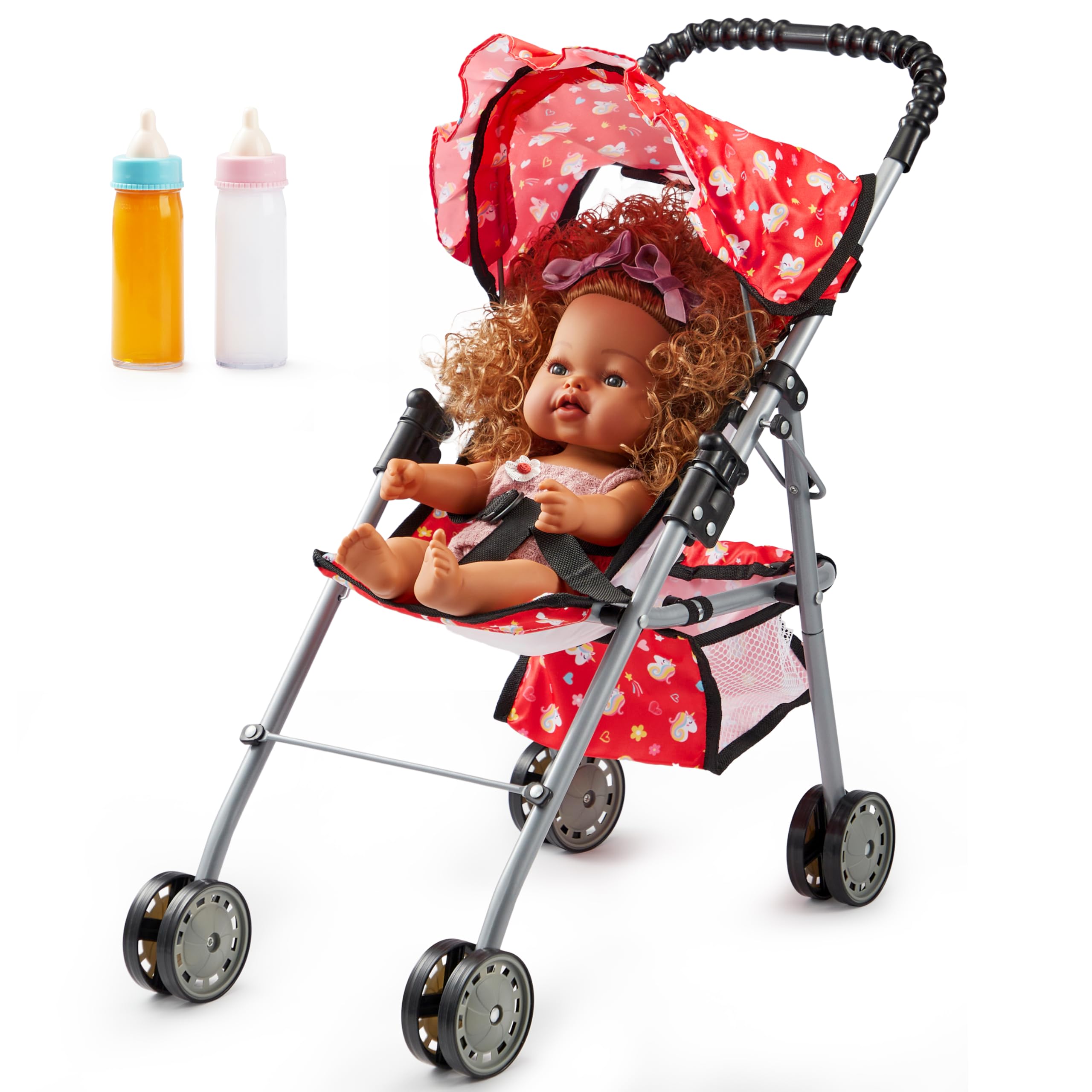 Unicorn Red Foldable Stroller Toy for 3-5 Year Old Girls