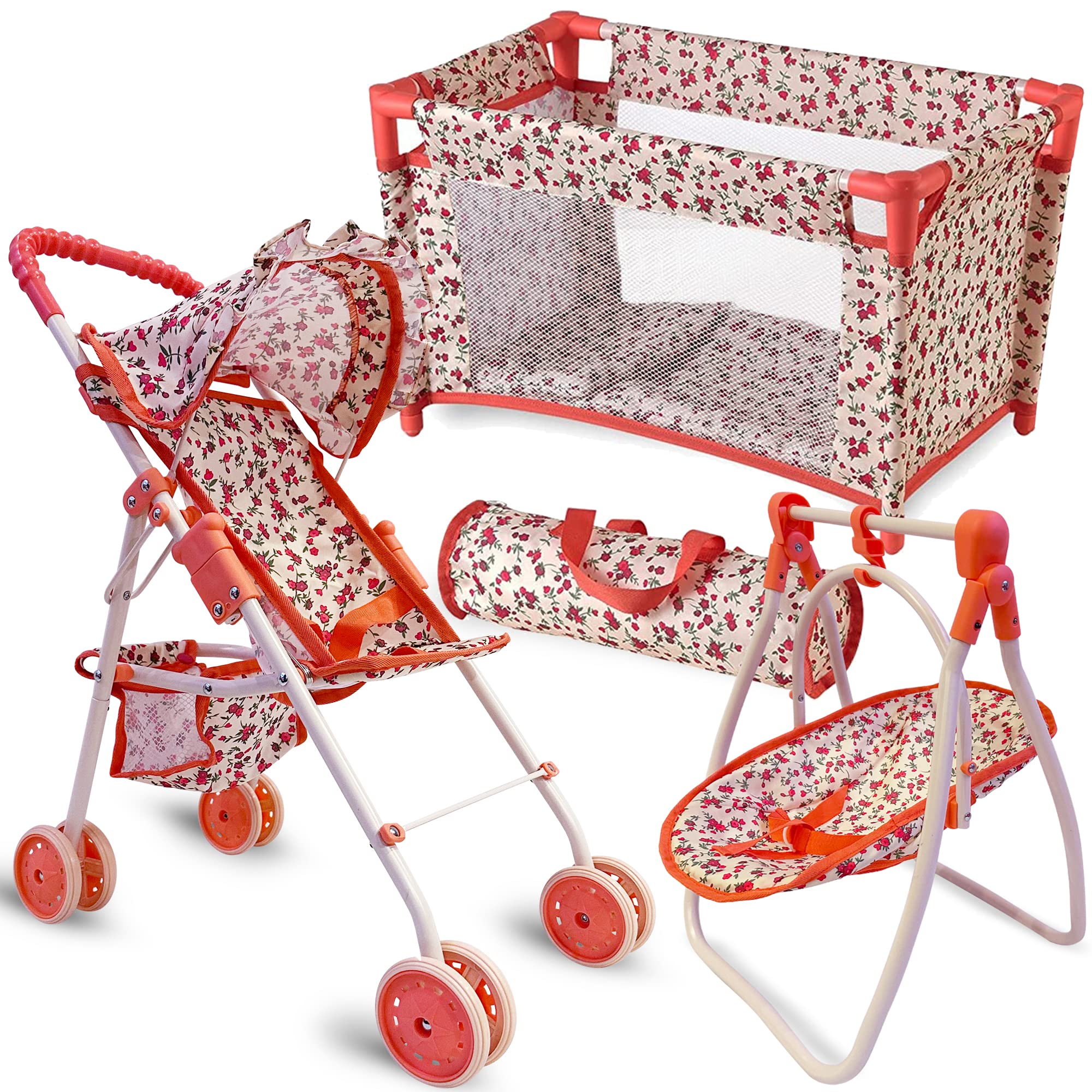 Baby Doll Furniture Set: Stroller, Crib, Swing, Bed - 18 Doll Compatible